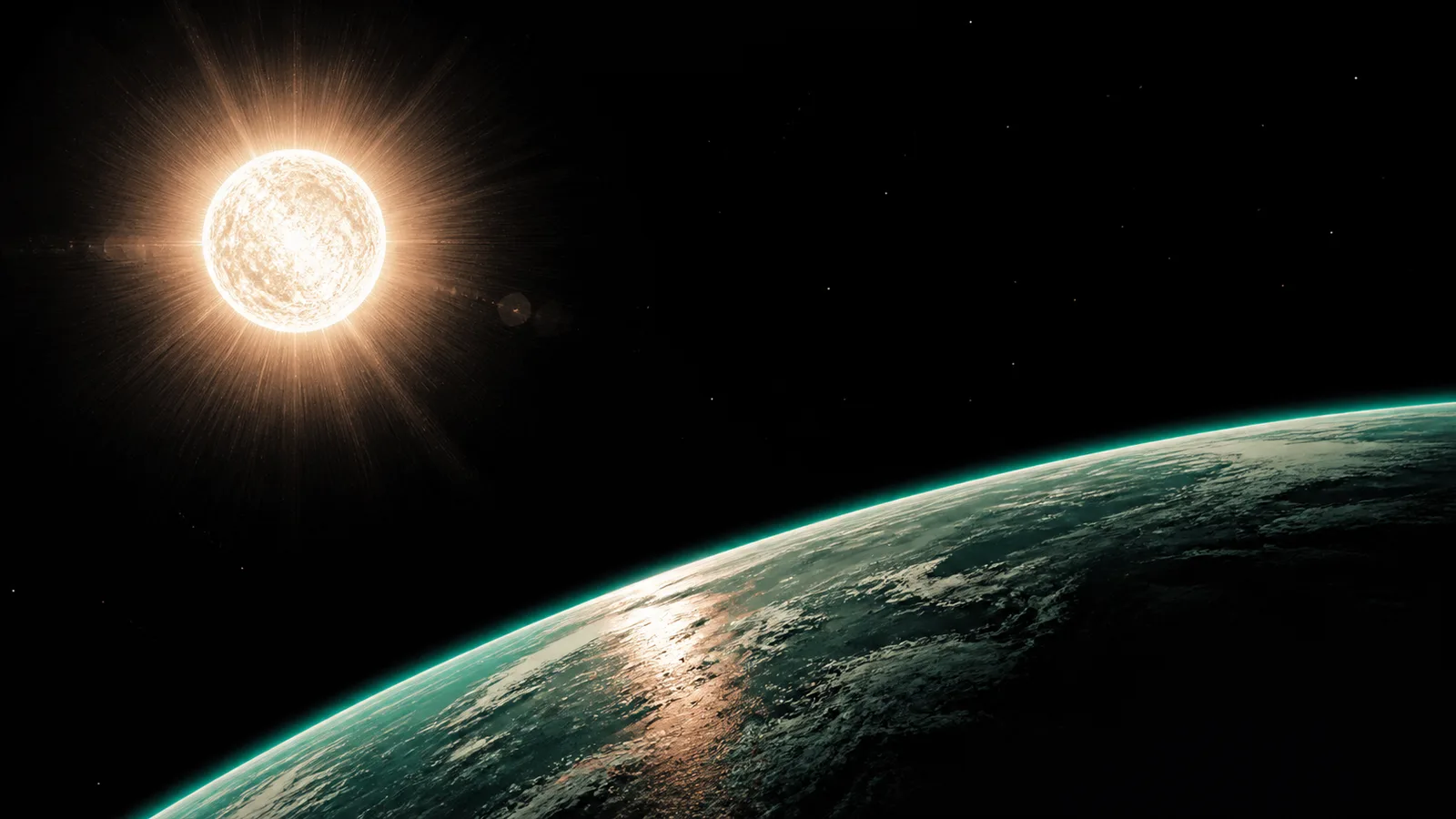 Sole luminoso sopra la curvatura della Terra nel cielo nero dello spazio